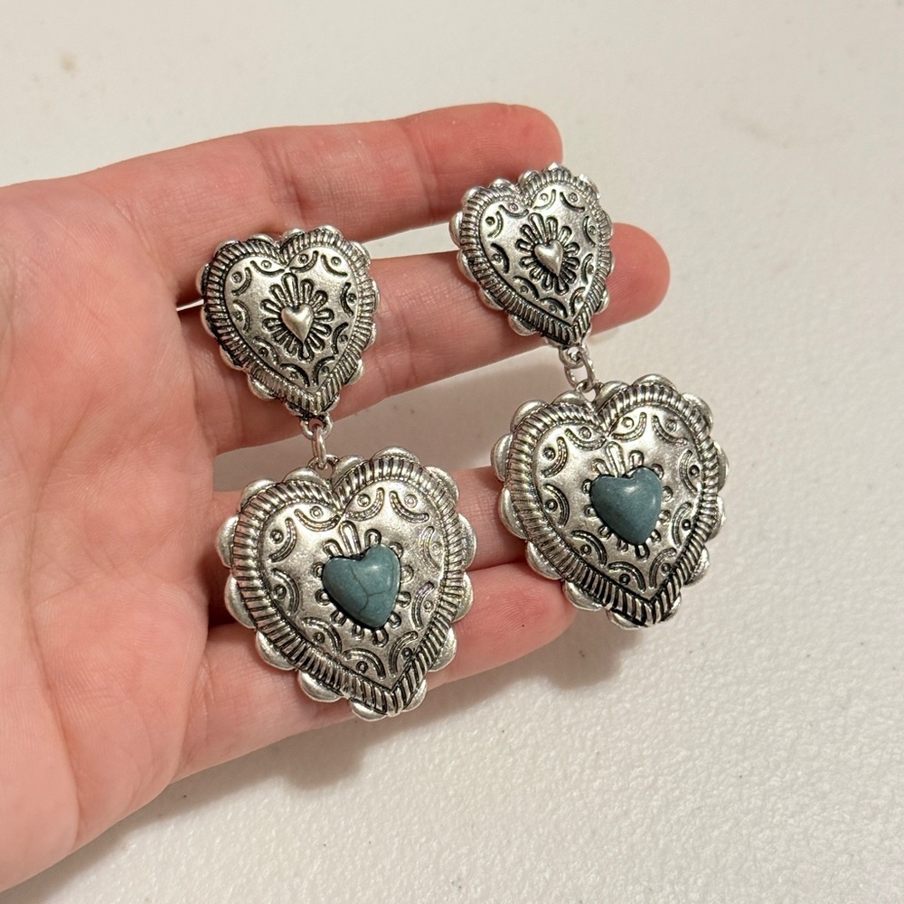 Western Silver and Turquoise Heart Drop Earrings - Picture 3 of 6
